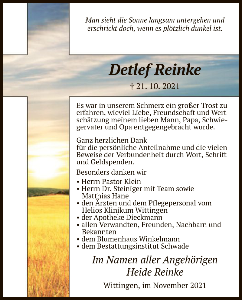  Traueranzeige für Detlef Reinke vom 20.11.2021 aus UEL