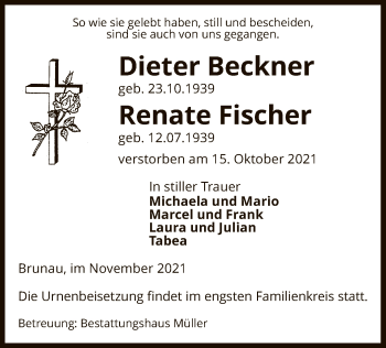 Traueranzeige von Dieter und Renate Beckner von UEL