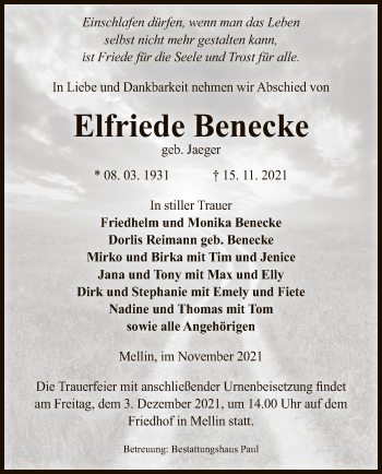 Traueranzeige von Elfriede Benecke von UEL