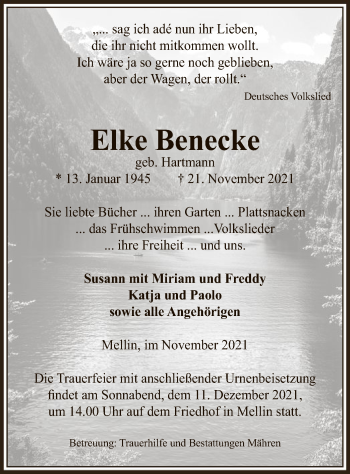 Traueranzeige von Elke Benecke von UEL