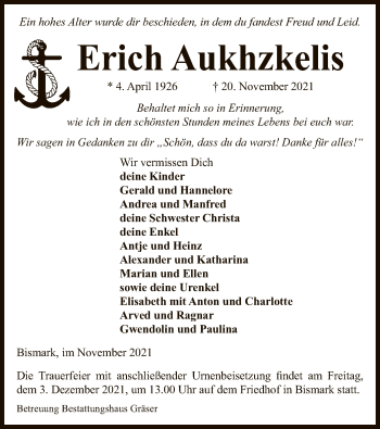 Traueranzeige von Erich Aukhzkelis von UEL
