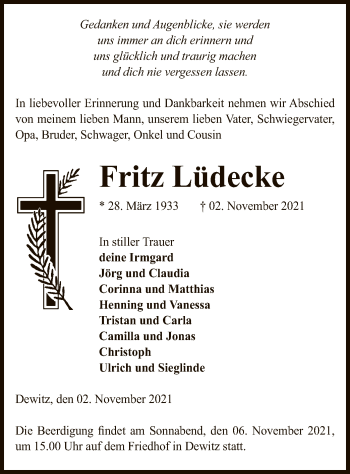 Traueranzeige von Fritz Lüdecke von UEL