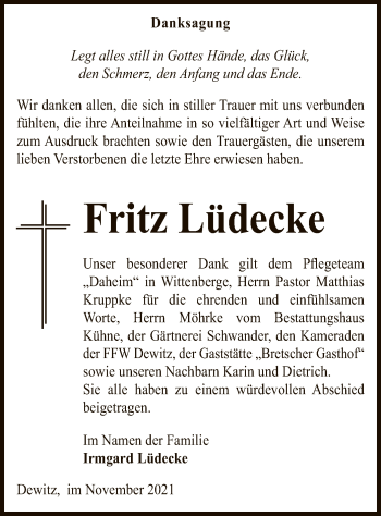 Traueranzeige von Fritz Lüdecke von UEL