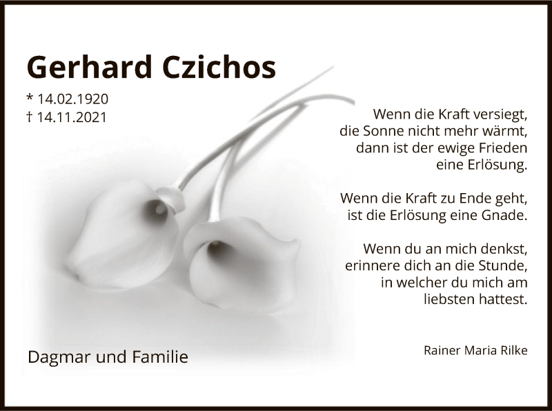  Traueranzeige für Gerhard Czichos vom 17.11.2021 aus UEL