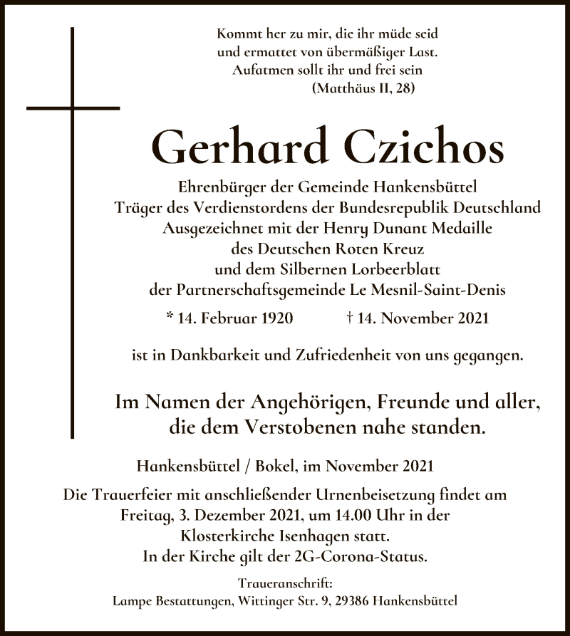  Traueranzeige für Gerhard Czichos vom 18.11.2021 aus UEL