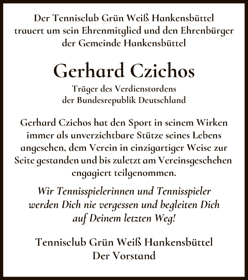  Traueranzeige für Gerhard Czichos vom 18.11.2021 aus UEL