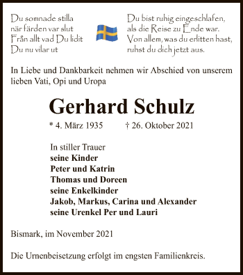 Traueranzeige von Gerhard Schulz von UEL
