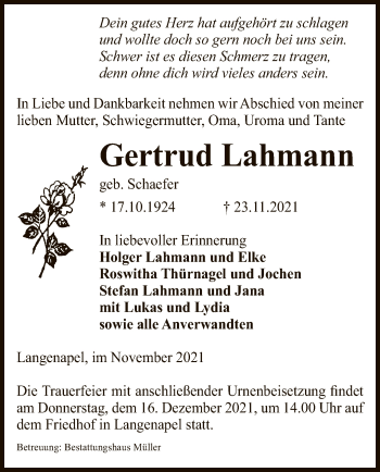 Traueranzeige von Gertrud Lahmann von UEL