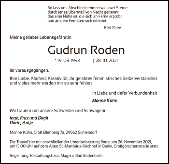 Traueranzeige von Gudrun Roden von UEL