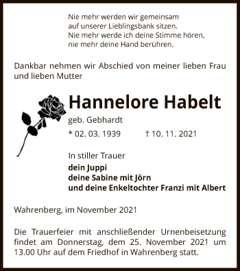 Traueranzeige von Hannelore Habelt von UEL