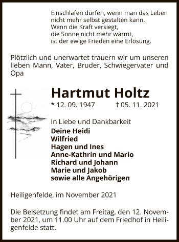 Traueranzeige von Hartmut Holtz von UEL