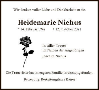 Traueranzeige von Heidemarie Niehus von UEL