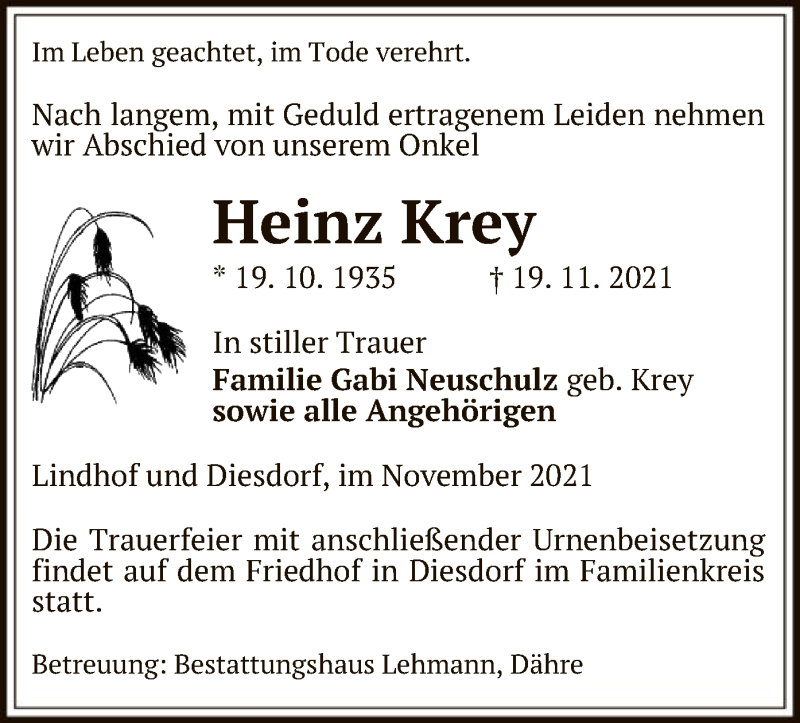  Traueranzeige für Heinz Krey vom 23.11.2021 aus UEL