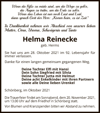 Traueranzeige von Helma Reinecke von UEL