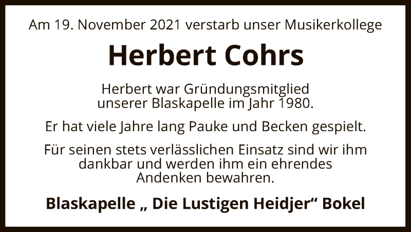  Traueranzeige für Herbert Cohrs vom 25.11.2021 aus UEL