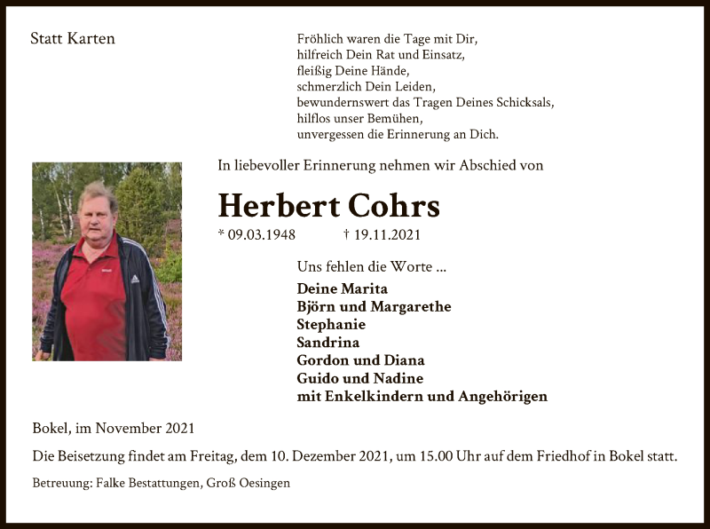  Traueranzeige für Herbert Cohrs vom 24.11.2021 aus UEL