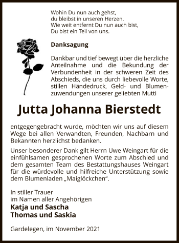 Traueranzeige von Jutta Johanna Bierstedt von UEL