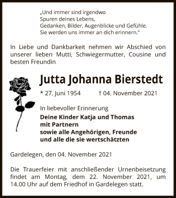 Traueranzeige von Jutta Johanna Bierstedt von UEL