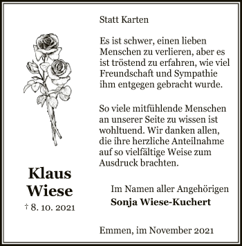 Traueranzeige von Klaus Wiese von UEL