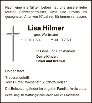 Traueranzeige von Lisa Hilmer von UEL