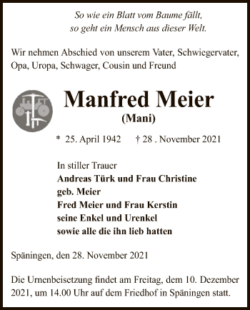 Traueranzeige von Manfred Meier von UEL