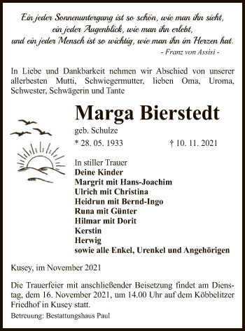 Traueranzeige von Marga Bierstedt von UEL