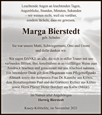 Traueranzeige von Marga Bierstedt von UEL