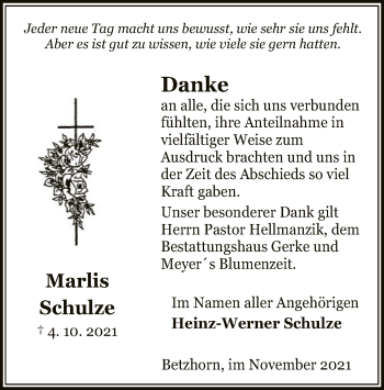 Traueranzeige von Marlis Schulze von UEL