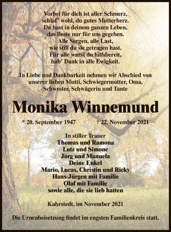 Traueranzeige von Monika Winnemund von UEL