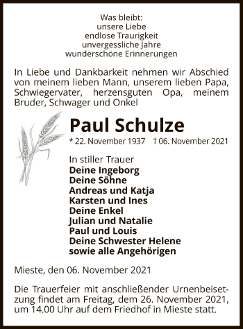 Traueranzeige von Paul Schulze von UEL