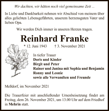 Traueranzeige von Reinhard Franke von UEL