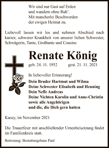 Traueranzeige von Renate König von UEL