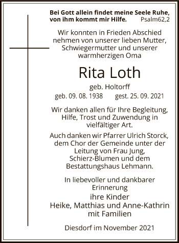 Traueranzeige von Rita Loth von UEL