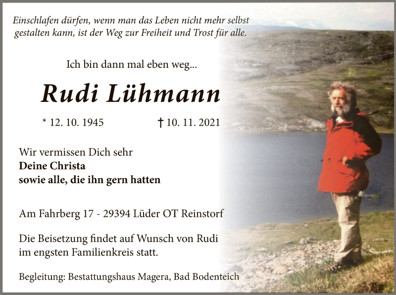  Traueranzeige für Rudi Lühmann vom 13.11.2021 aus UEL