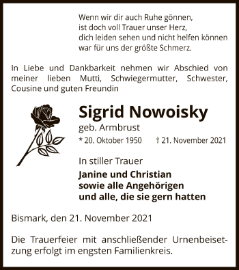 Traueranzeige von Sigrid Nowoisky von UEL