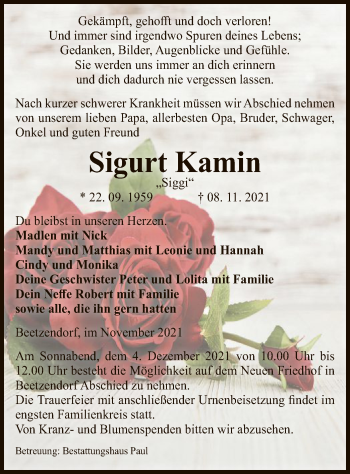 Traueranzeige von Sigurt Kamin von UEL