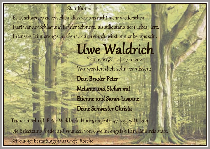  Traueranzeige für Uwe Waldrich vom 06.11.2021 aus UEL