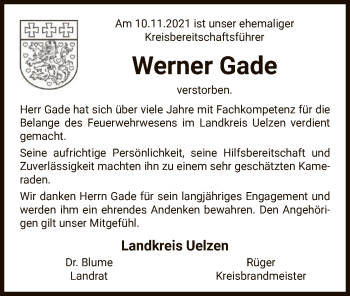 Traueranzeige von Werner Gade von UEL