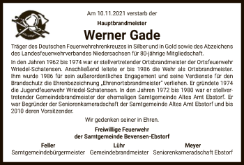 Traueranzeige von Werner Gade von UEL