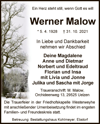 Traueranzeige von Werner Malow von UEL