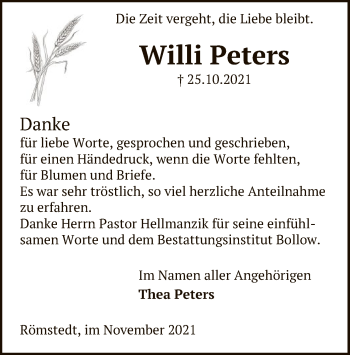 Traueranzeige von Willi Peters von UEL