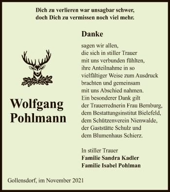 Traueranzeige von Wolfgang Pohlmann von UEL