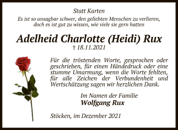 Traueranzeige von Adelheid Charlotte Rux von UEL