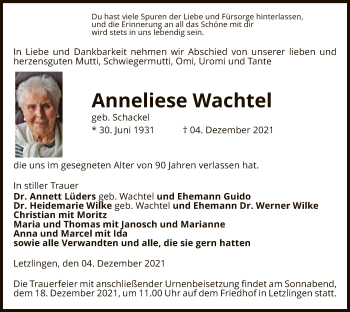 Traueranzeige von Anneliese Wachtel von UEL