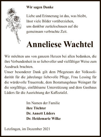 Traueranzeige von Anneliese Wachtel von UEL