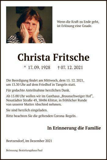 Traueranzeige von Christa Fritsche von UEL