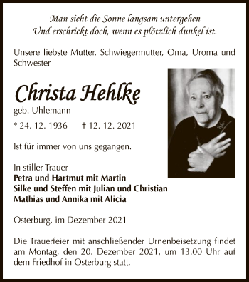 Traueranzeige von Christa Hehlke von UEL