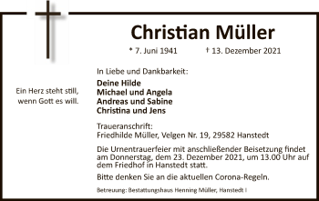 Traueranzeige von Christian Müller von UEL