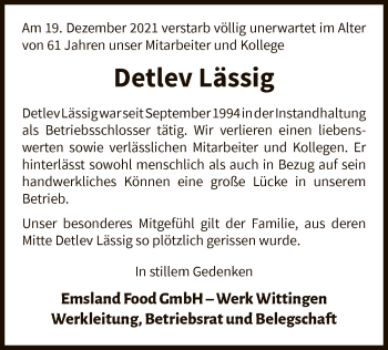 Traueranzeige von Detlev Lässig von UEL