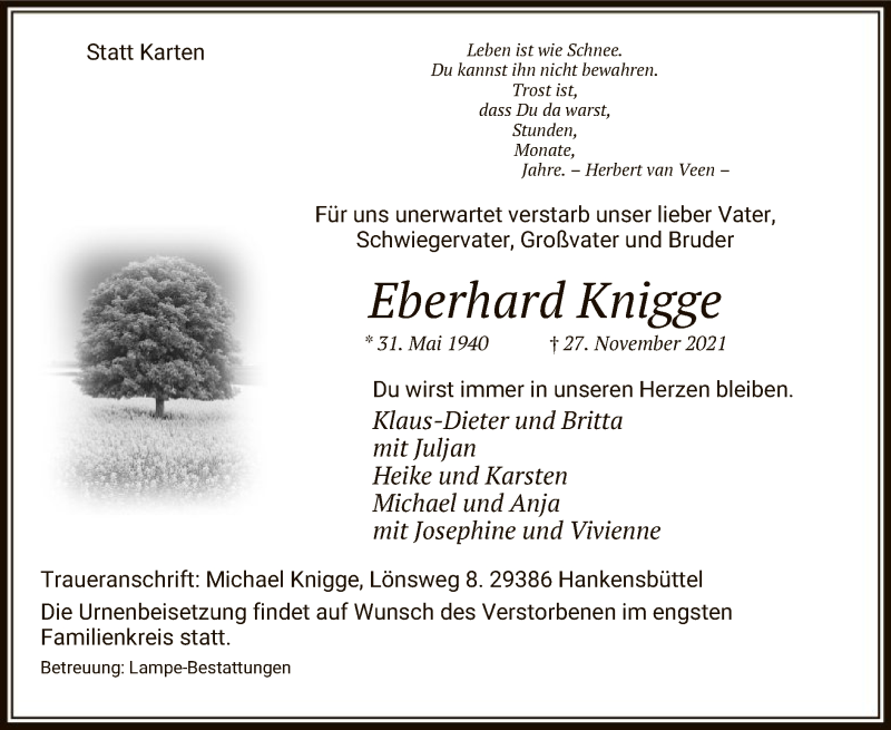  Traueranzeige für Eberhard Knigge vom 01.12.2021 aus UEL